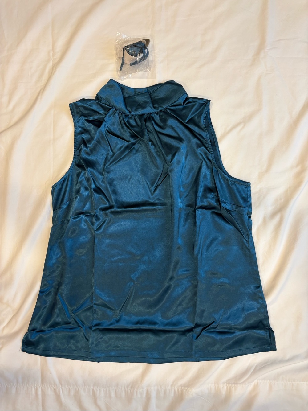 Kathleen Kirkwood Sz L Satin Sleeveless Mock Neck Blouse Noir Aesthetic Teal NWT